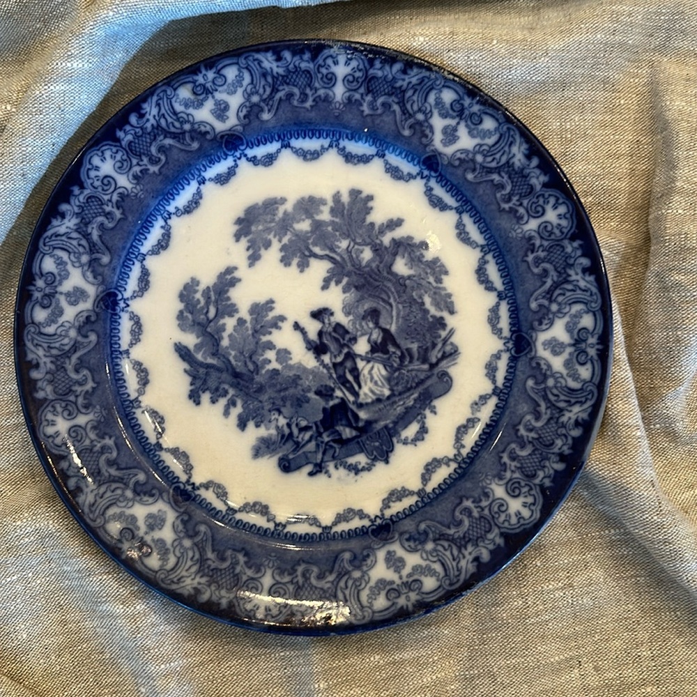 Antique blue and white transferware Royal Doulton Watteau pattern dinner plate